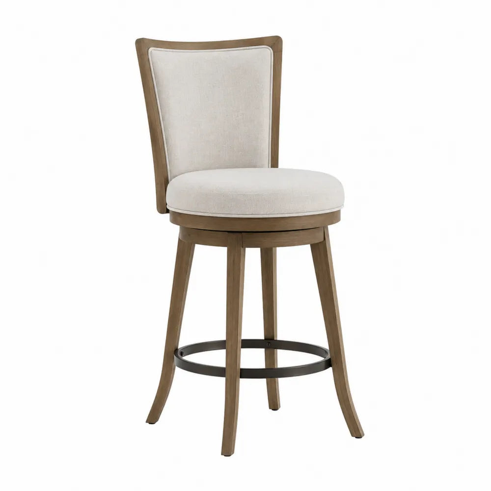 Sgabello da Bar in Legno di Faggio con Seduta in Tessuto Beige