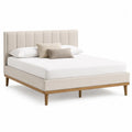 Letto matrimoniale in legno e tessuto beige con cuscini 200x160 cm