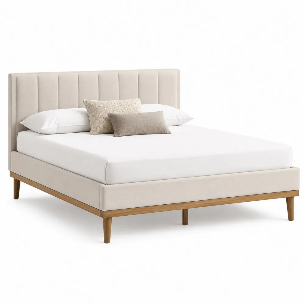 Letto matrimoniale in legno e tessuto beige con cuscini 200x160 cm