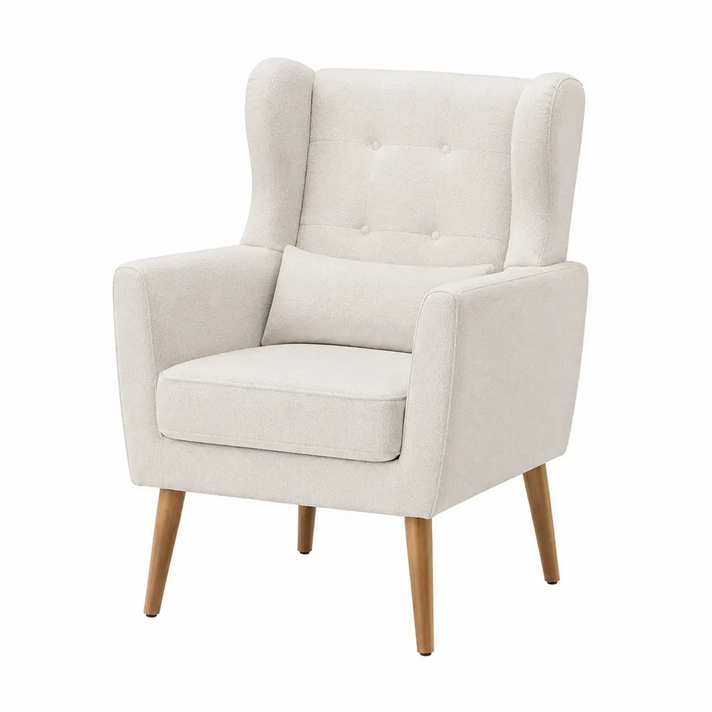 Poltrona in tessuto poliestere beige con gambe in legno massello