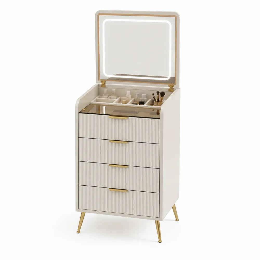Tavolino da trucco con specchio LED bianco e gambe in metallo