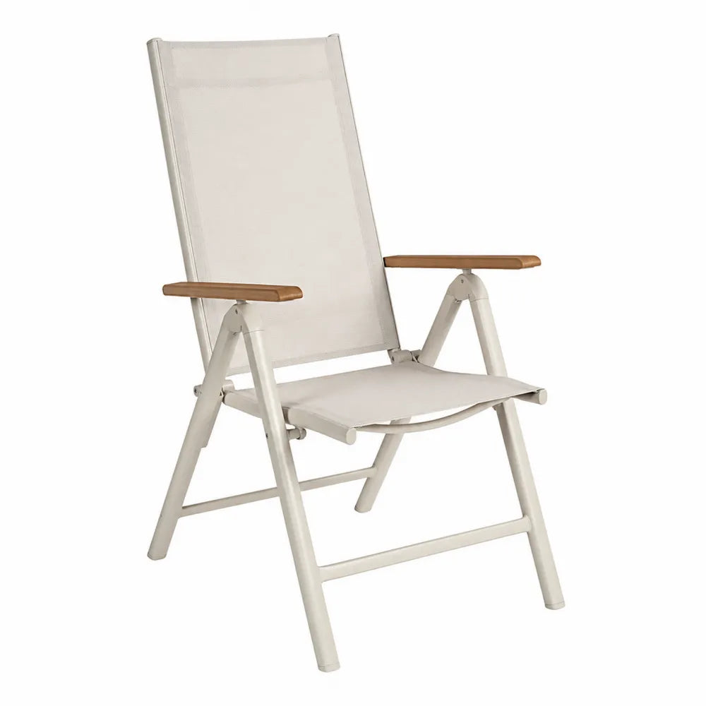 Sedia da esterno pieghevole in alluminio e tessuto bianco con braccioli in legno