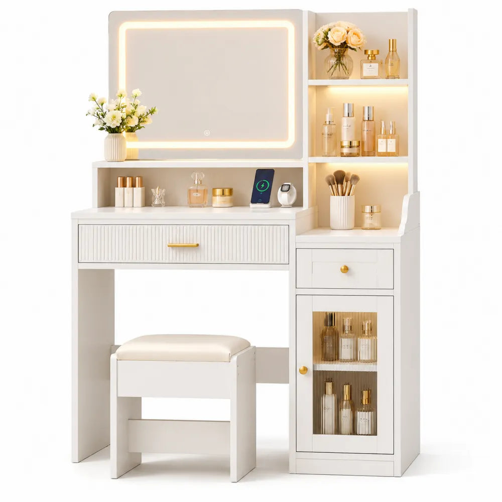 Toletta in Legno Composito con Specchio LED e Sgabello Bianco