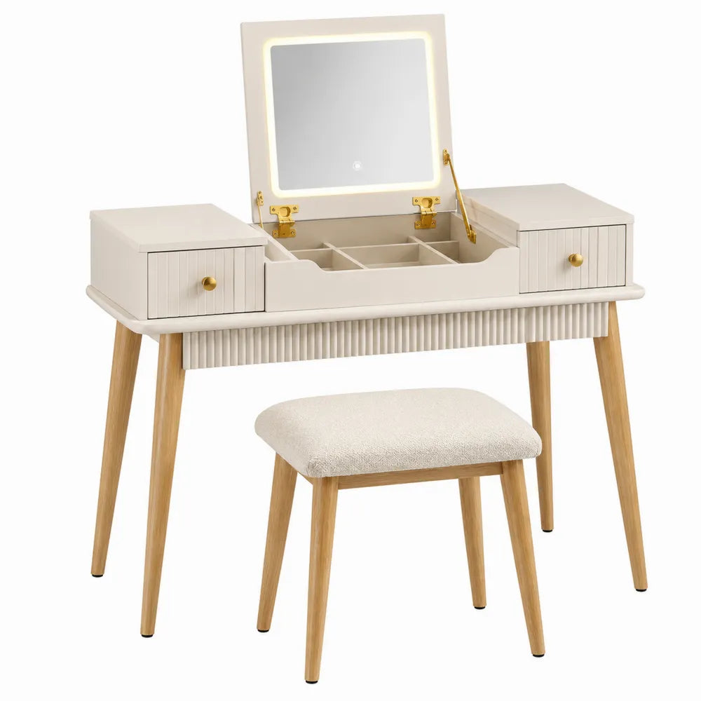 Toletta con Specchio LED e Sgabello in Legno MDF Bianco