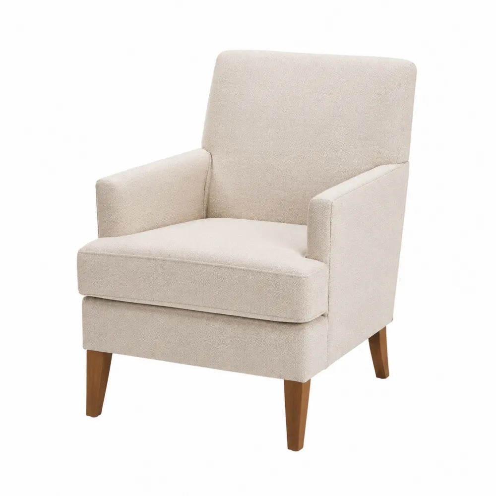 Poltrona in tessuto beige con gambe in legno