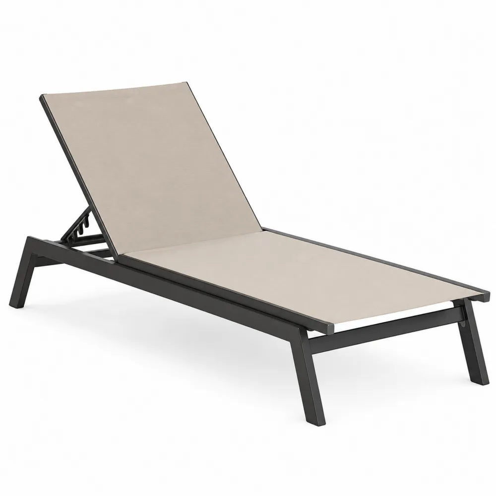 Lettino prendisole da esterno in alluminio nero con tessuto beige