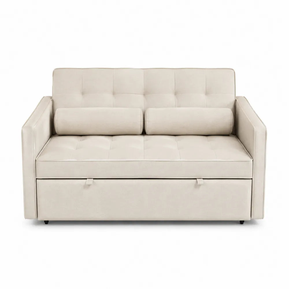 Divano letto in tessuto beige con contenitore estraibile