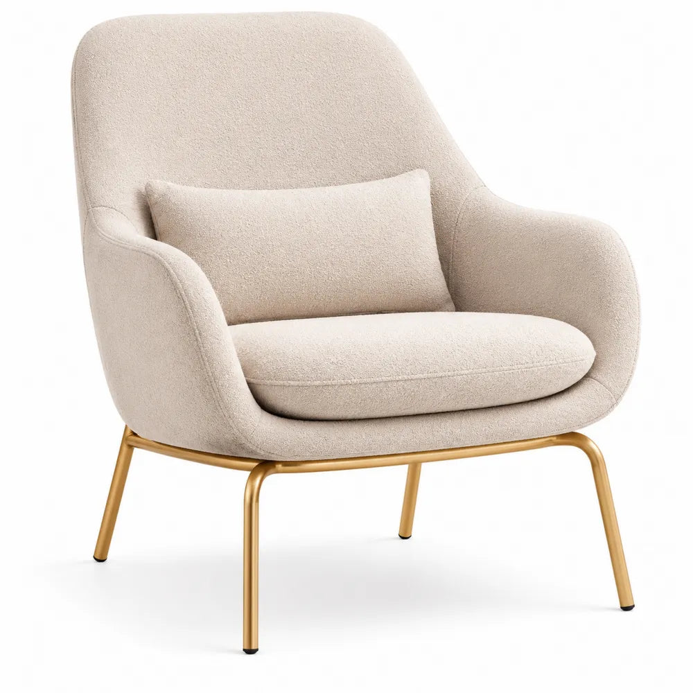 Poltrona in tessuto bouclé beige con struttura in metallo dorato