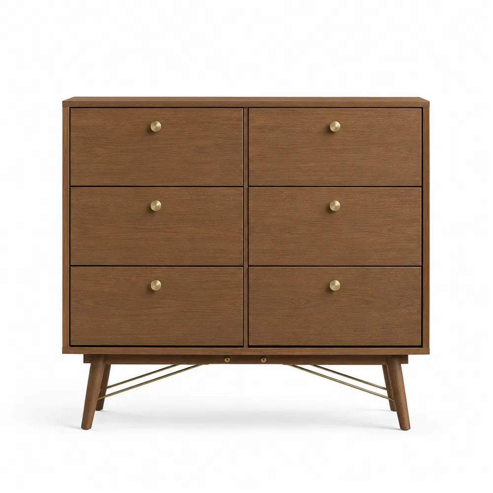 Cassettiera in legno con 6 cassetti e maniglie in ottone, 100x45x90 cm