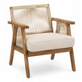 Poltrona in legno e corda con cuscino in tessuto beige