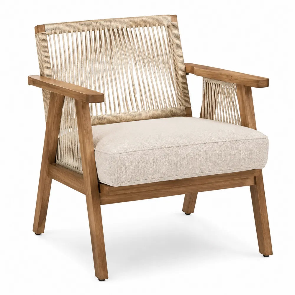 Poltrona in legno e corda con cuscino in tessuto beige