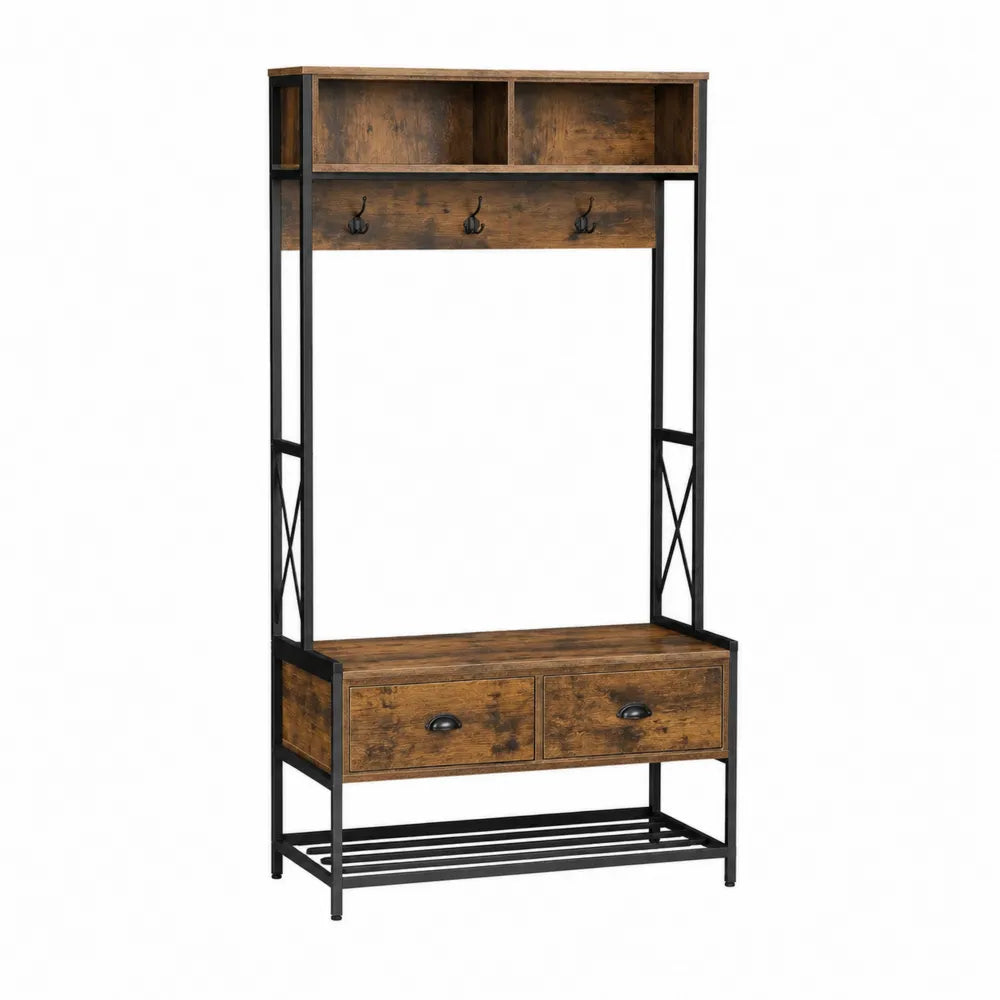 Appendiabiti Ingresso in Legno e Metallo Marrone/Nero con Mensola e Cassetti