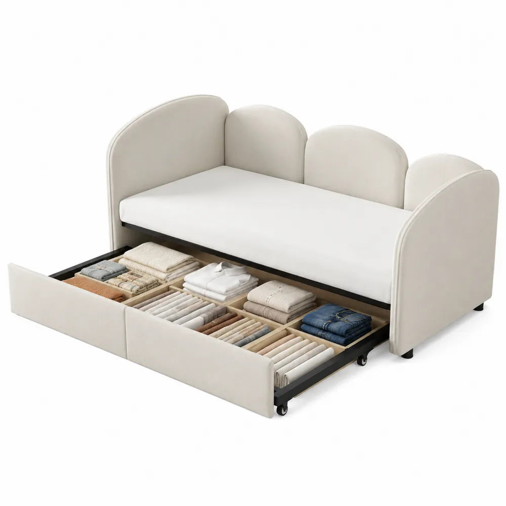 Divano letto in tessuto con contenitore estraibile e materasso beige