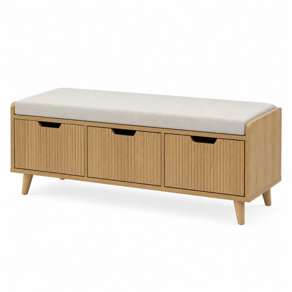 Panca contenitore in legno massello con cuscino in tessuto poliestere beige