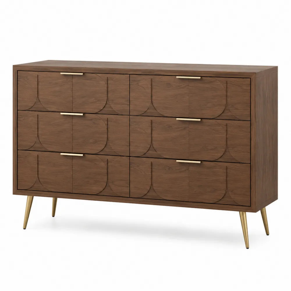 Cassettiera in legno di noce con gambe in metallo e 6 cassetti