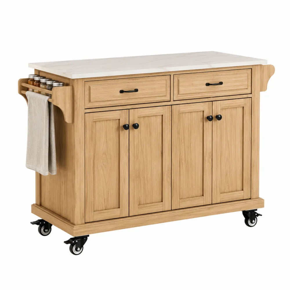Carrello da Cucina con Piano in Marmo Sintetico e Ruote in Legno di Quercia