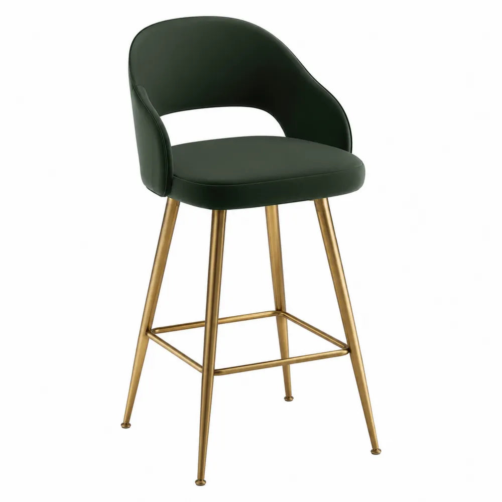 Sgabello in ecopelle verde scuro con gambe in metallo dorato