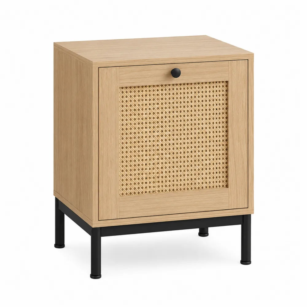 Comodino in legno e rattan con struttura in metallo