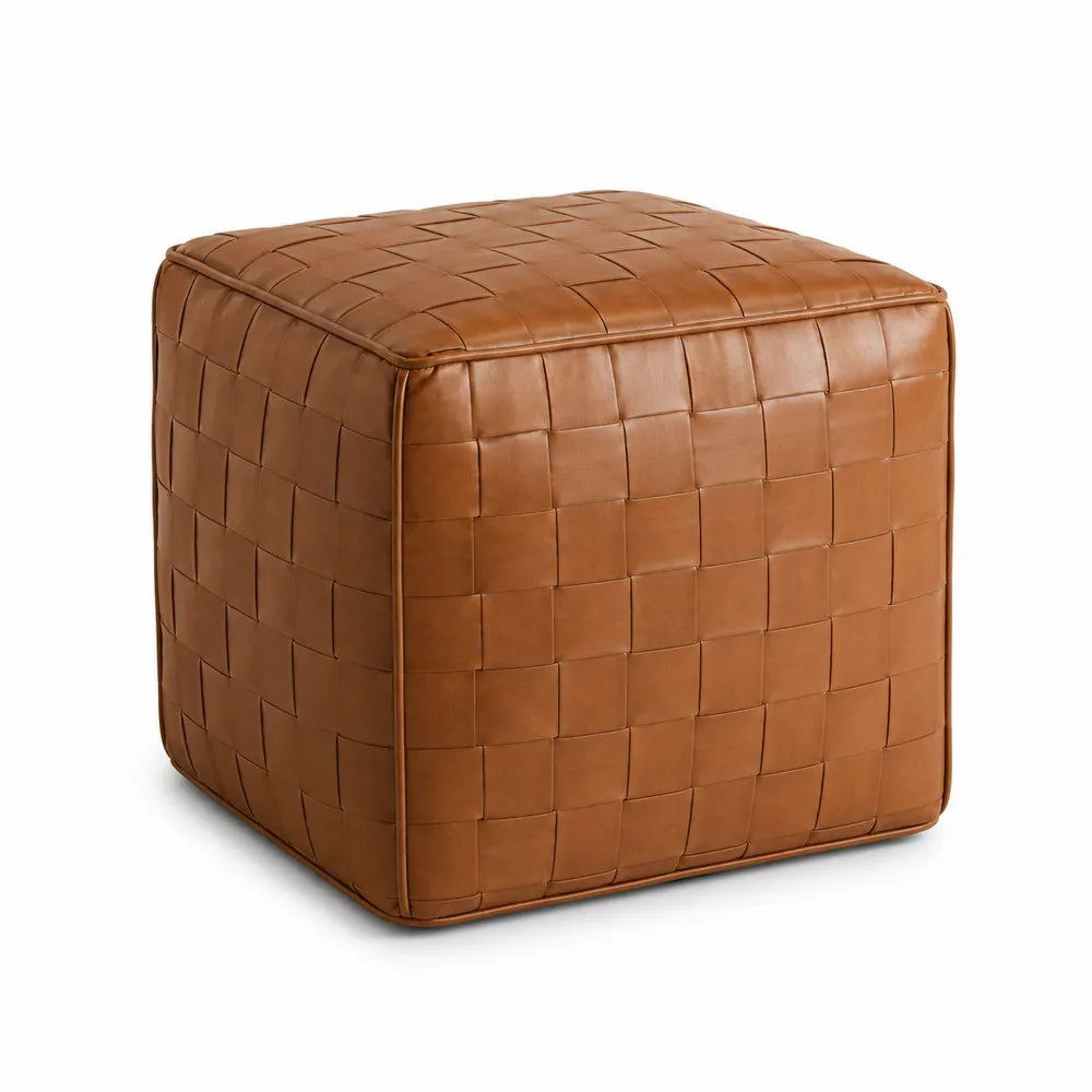 Pouf cubo intrecciato in pelle sintetica marrone 45x45x45 cm