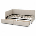 Letto angolare con cassetti in tessuto poliestere beige e struttura in metallo 200x140 cm