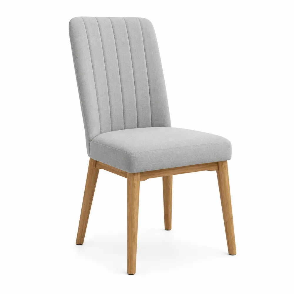 Sedia da pranzo in tessuto poliestere grigio con gambe in legno di quercia